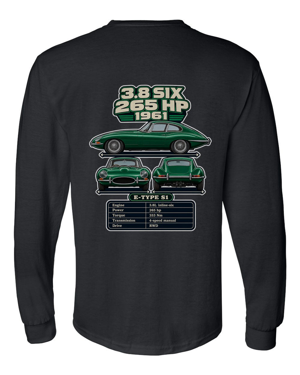 Jaguar E Type Series 1 spec sheet black long sleeve back view with the design