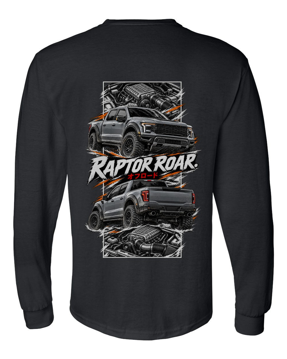Ford F-150 Raptor R torn poster black long sleeve back view with the design