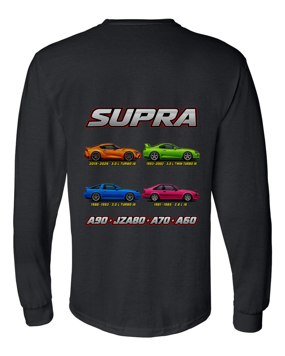 Toyota Supra evolution poster black long sleeve back view with the design