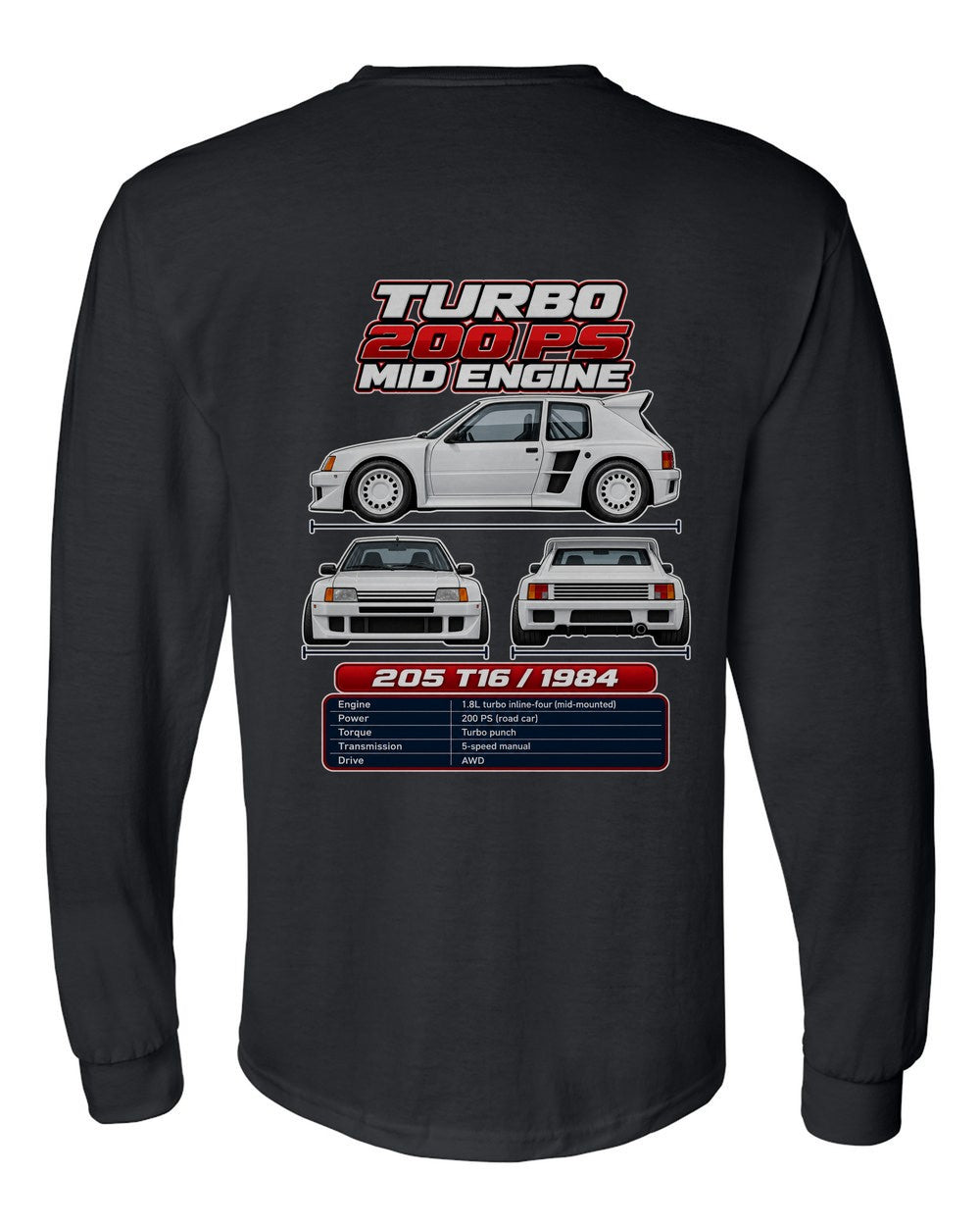 Peugeot 205 Turbo 16 spec sheet black long sleeve back view with the design