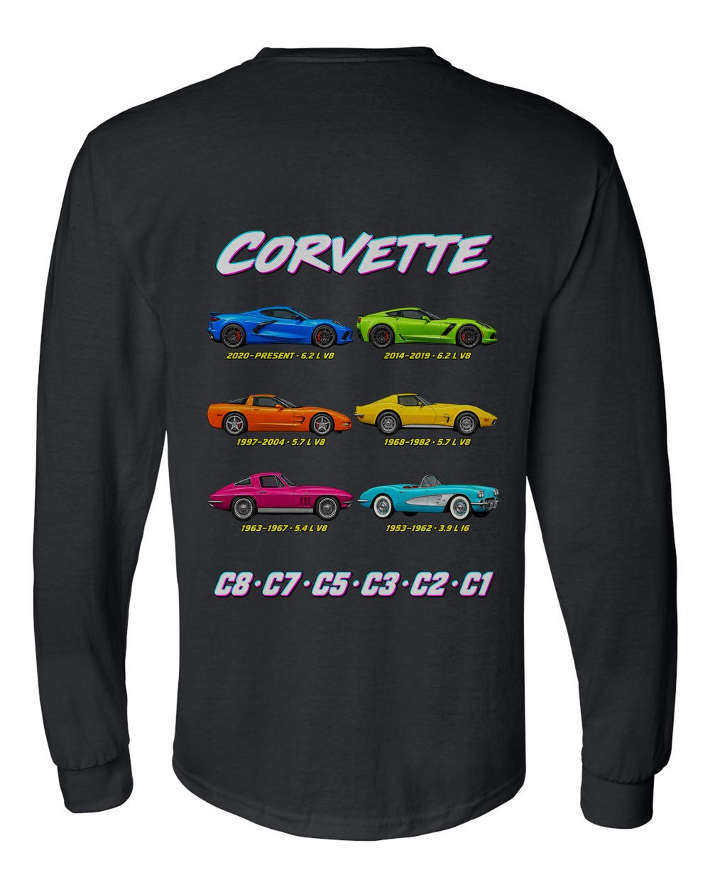 Chevy Corvette evolution poster black long sleeve back view with the design