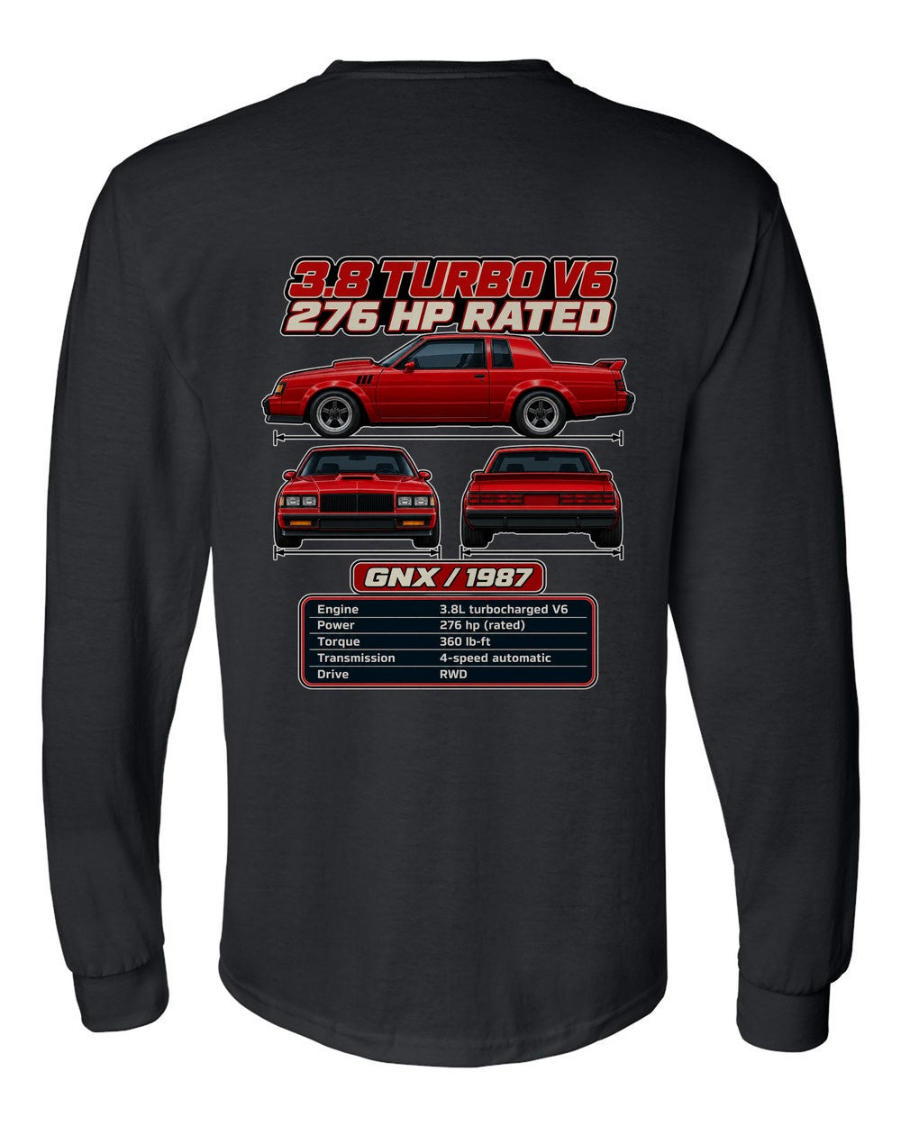 Buick Grand National Gnx spec sheet black long sleeve back view with the design