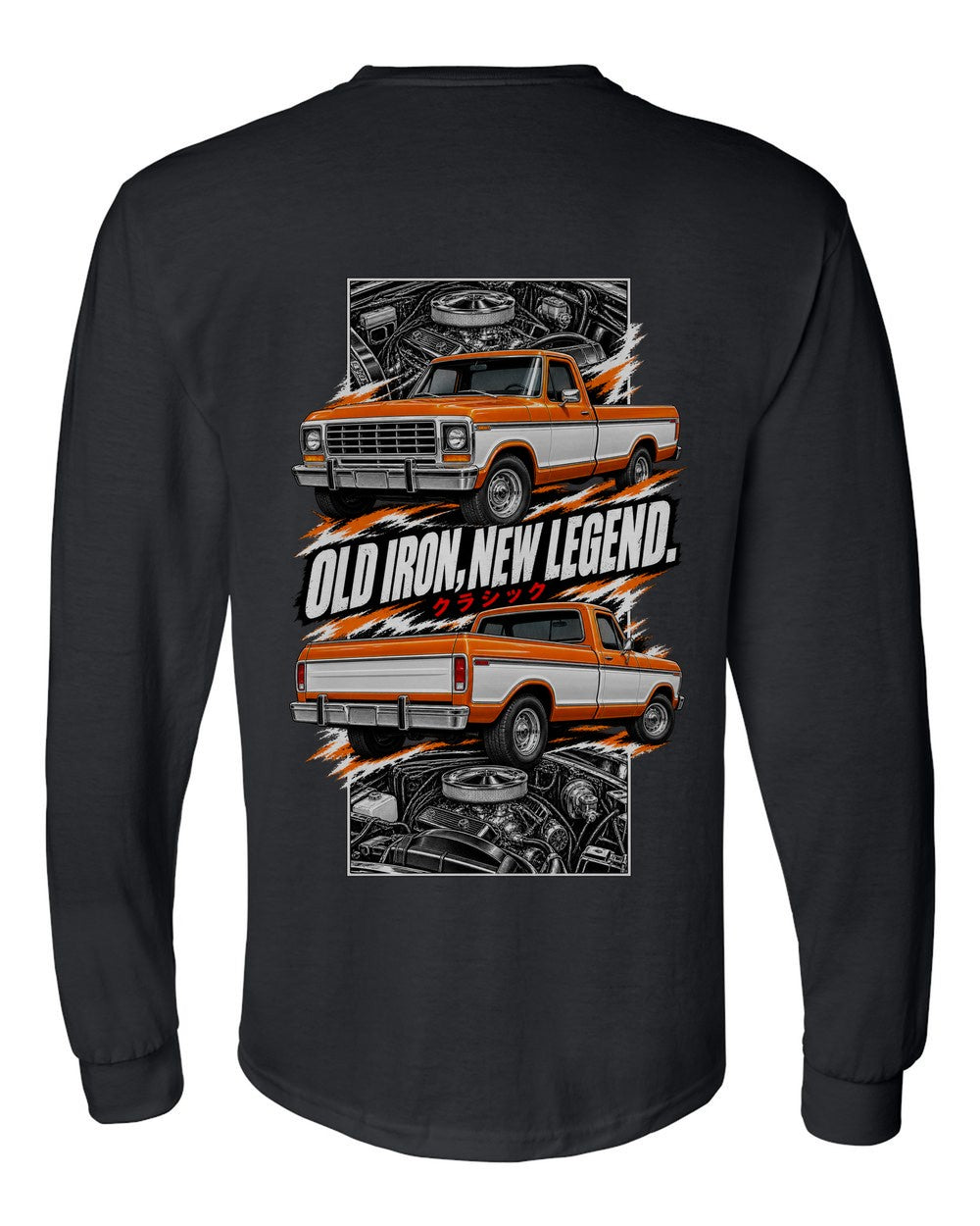 Ford F-150 1978 torn poster black long sleeve back view with the design