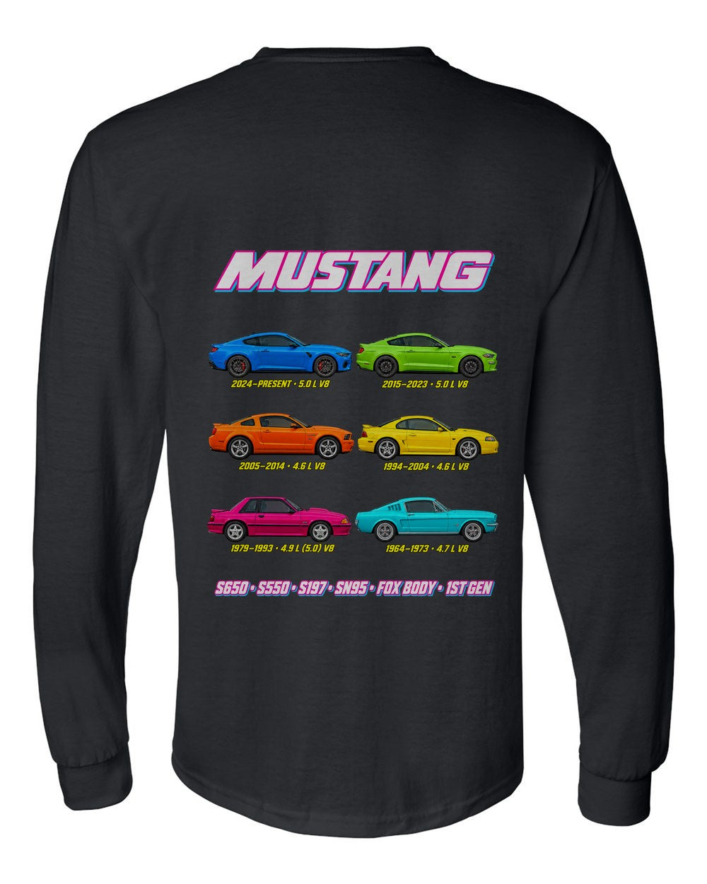 Ford Mustang evolution poster black long sleeve back view with the design