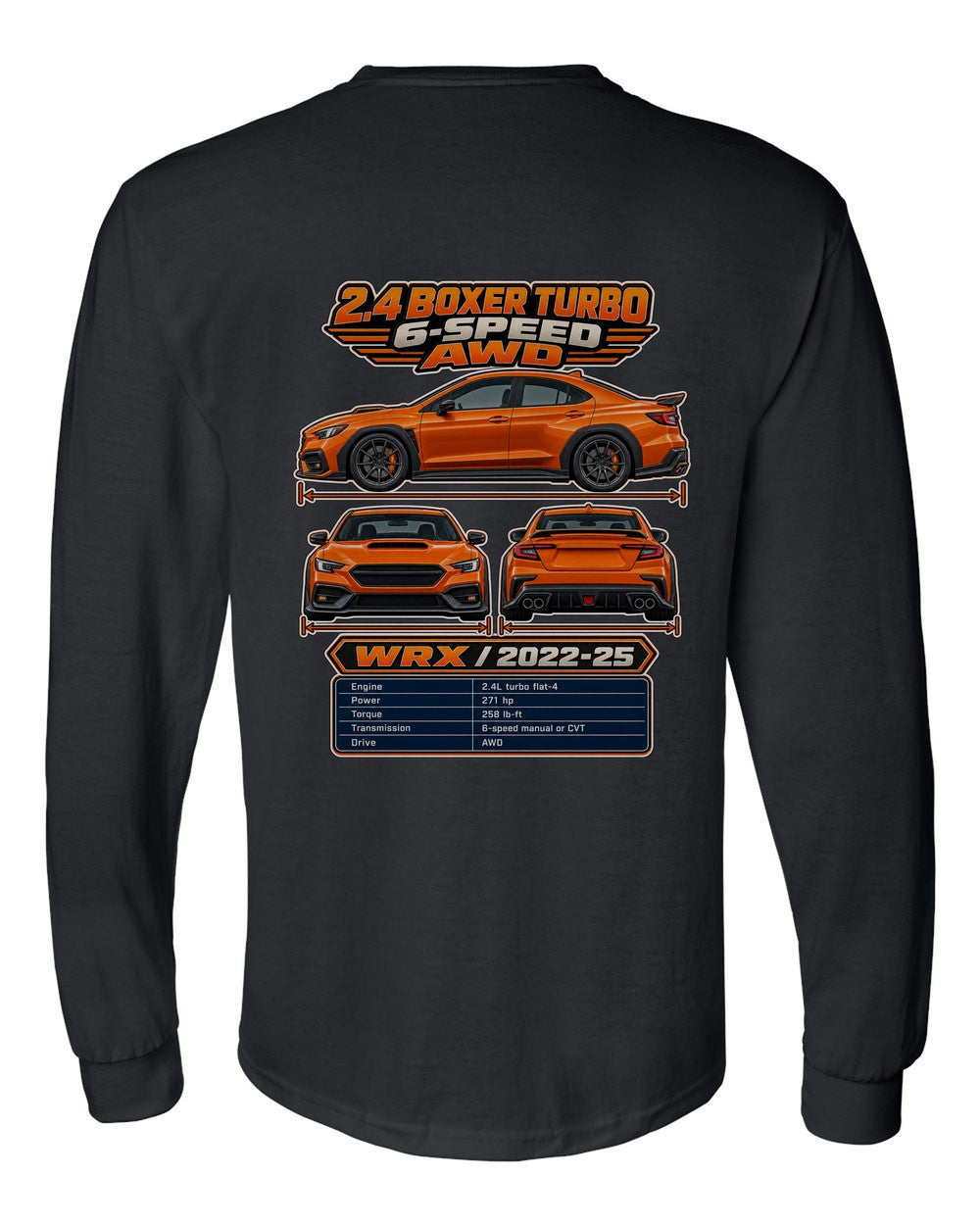 Subaru Wrx Vb spec sheet black long sleeve back view with the design