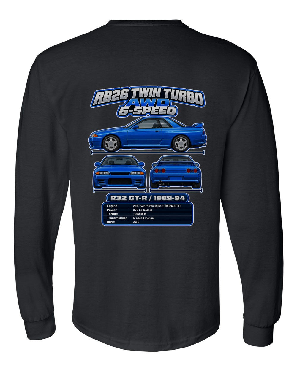 Nissan Skyline Gt R R32 spec sheet black long sleeve back view with the design