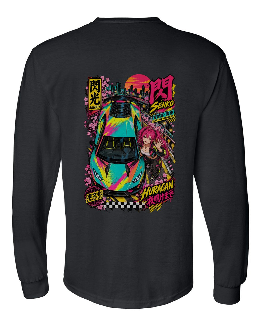 SENKO HURACAN full-back artwork black long sleeve back view with the design