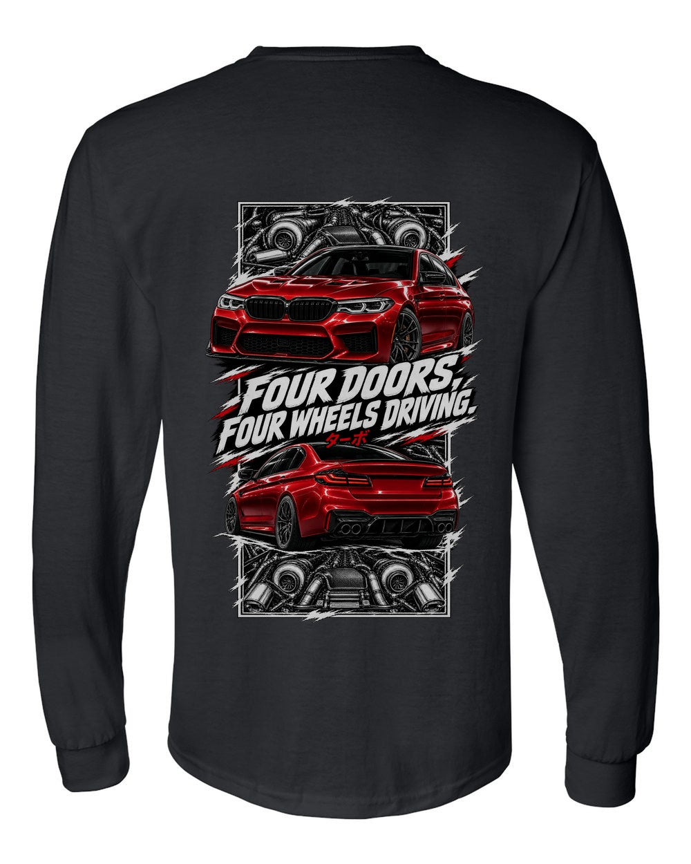 BMW F90 M5 torn poster black long sleeve back view with the design