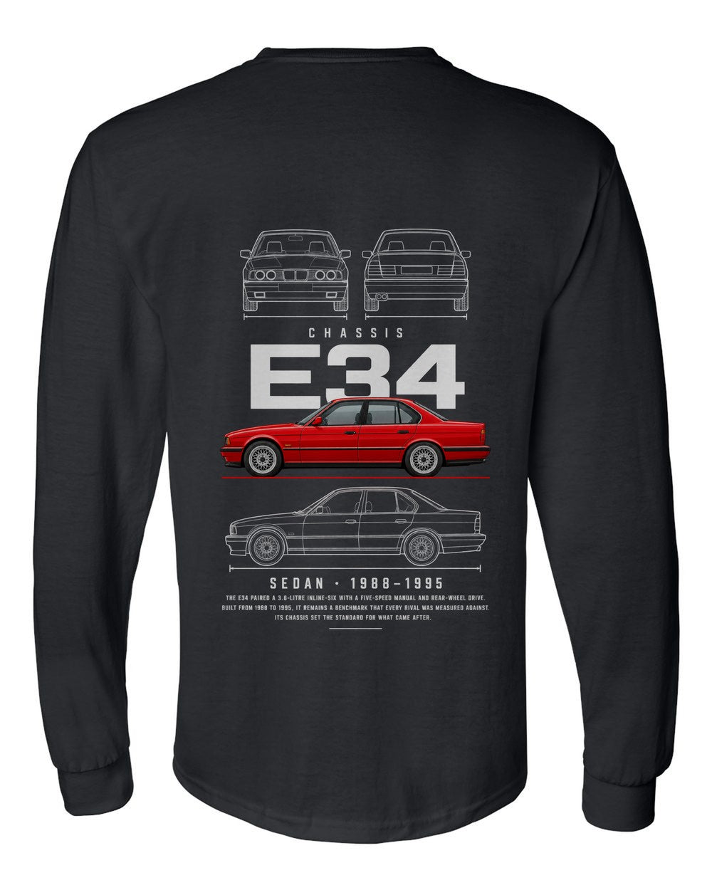 E34 full-back artwork black long sleeve back view with the design