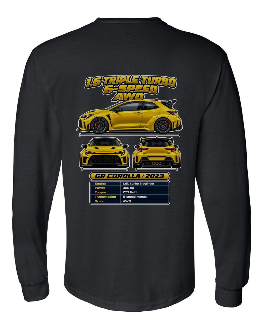 Toyota GR Corolla spec sheet black long sleeve back view with the design