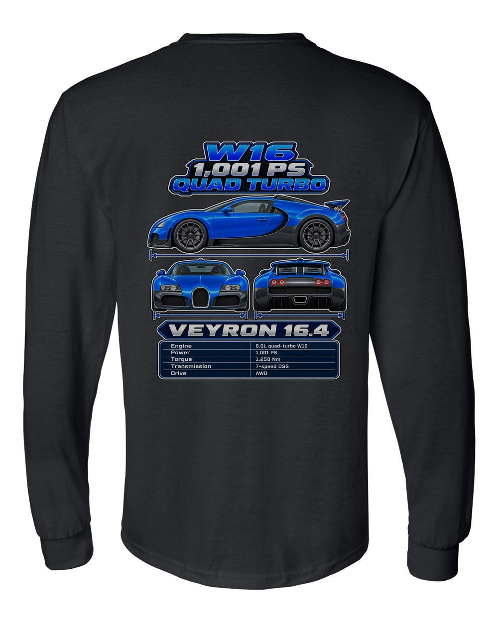 Bugatti Veyron 164 spec sheet black long sleeve back view with the design