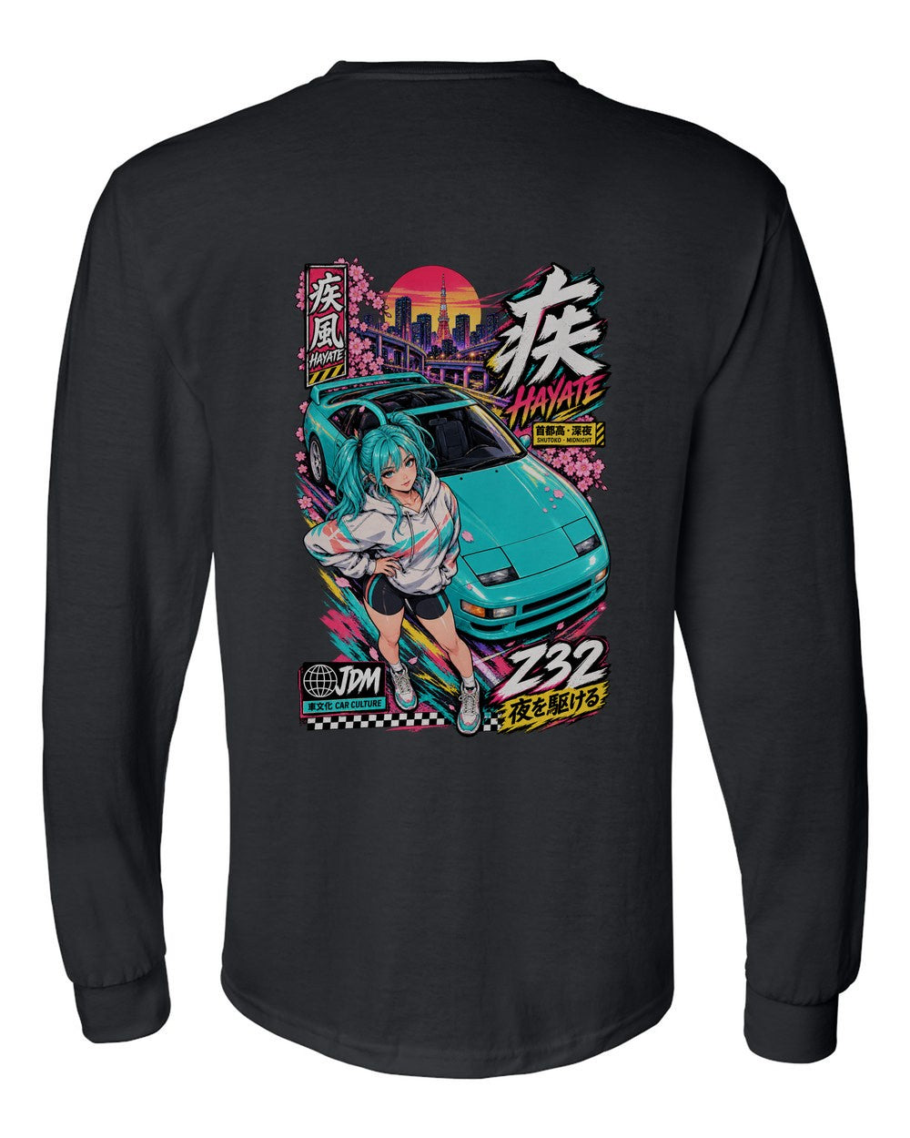 HAYATE Z32 full-back artwork black long sleeve back view with the design