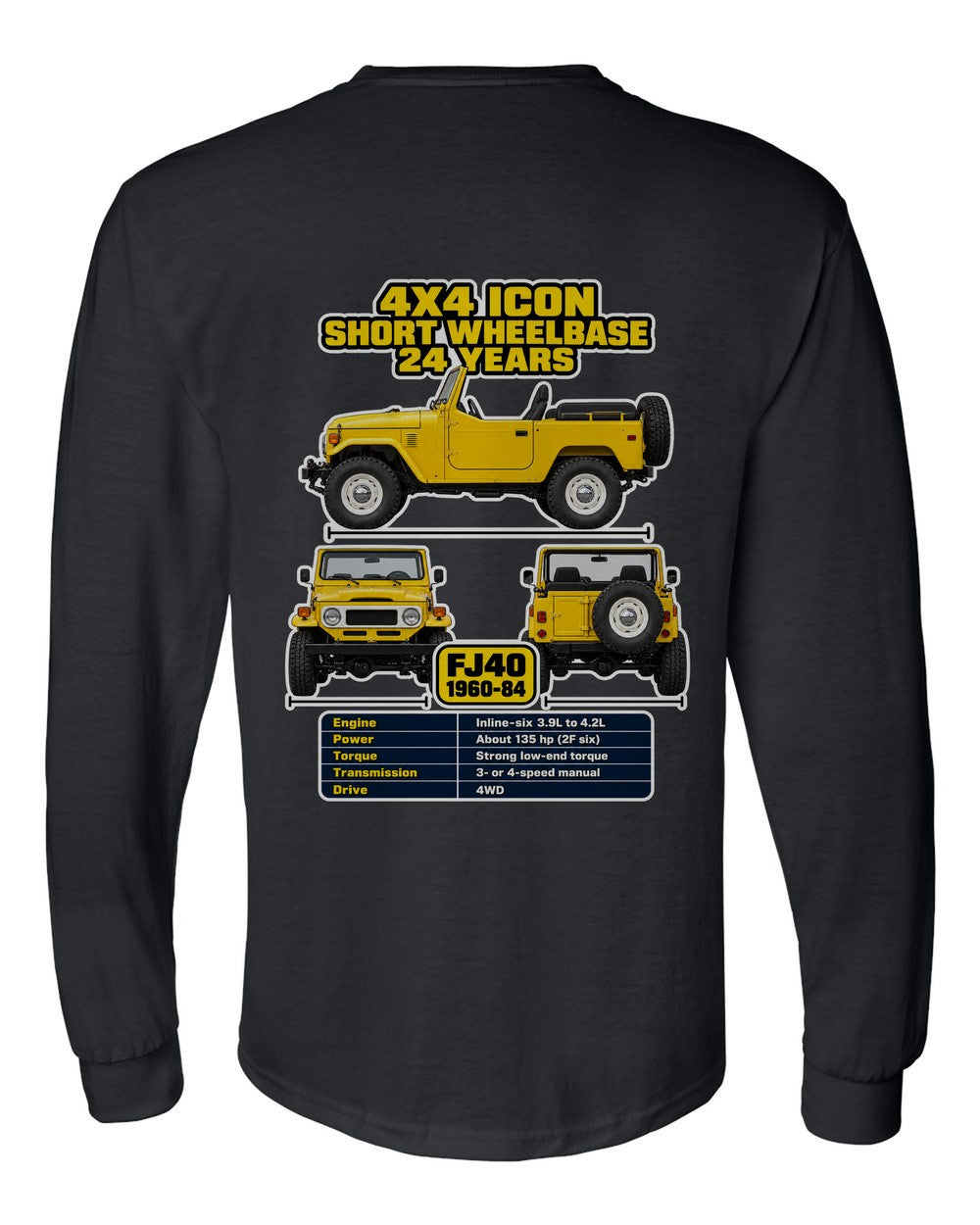 Toyota Fj40 spec sheet black long sleeve back view with the design