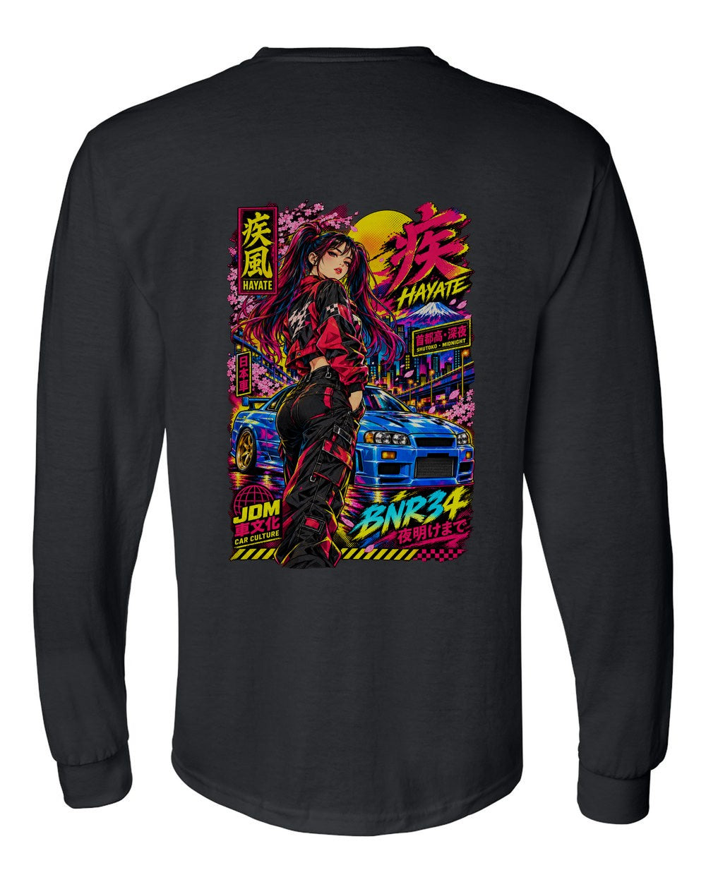 HAYATE BNR34 full-back artwork black long sleeve back view with the design