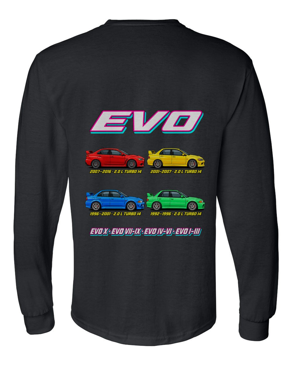 Mitsubishi Evo evolution poster black long sleeve back view with the design