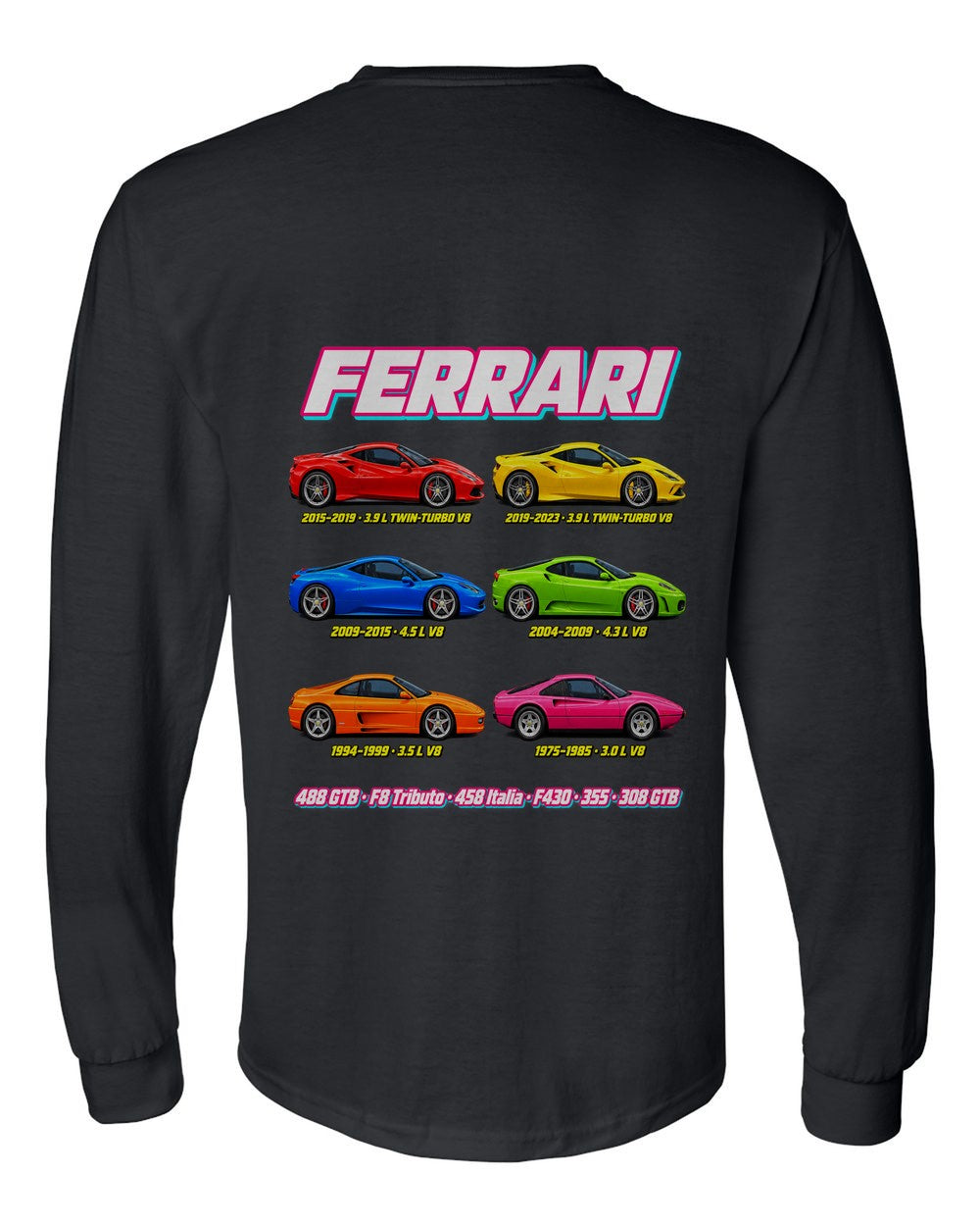 Ferrari V8 evolution poster black long sleeve back view with the design
