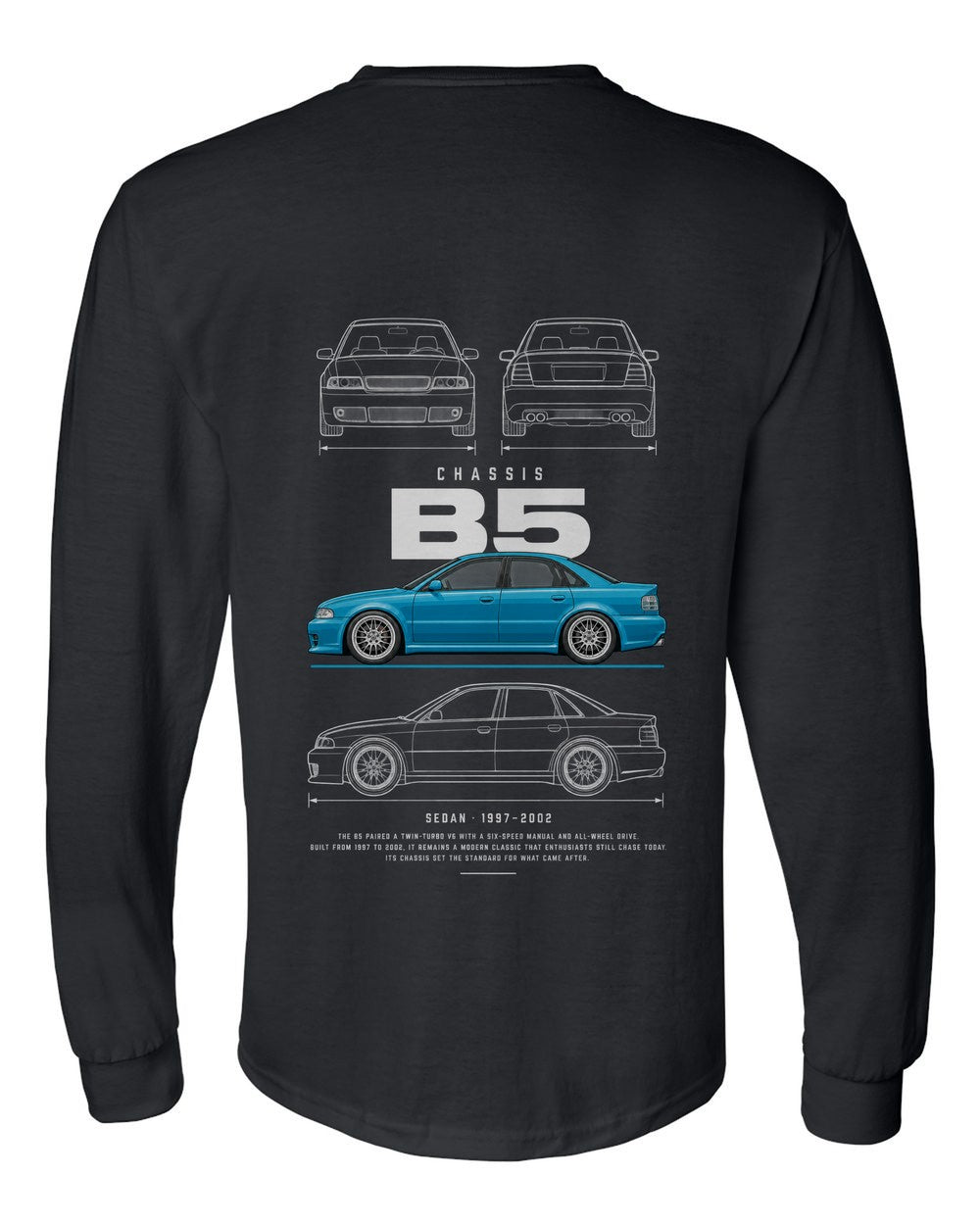 B5 full-back artwork black long sleeve back view with the design