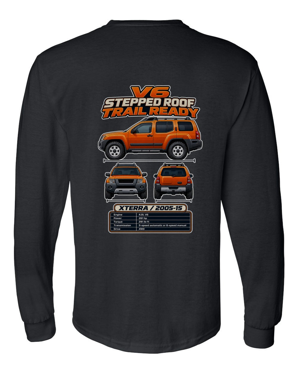 Nissan Xterra Pro4X spec sheet black long sleeve back view with the design