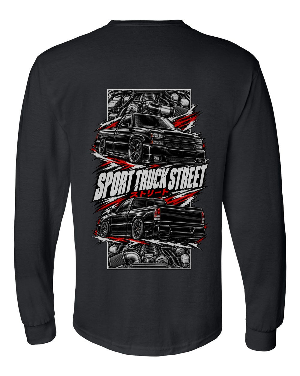 Chevy Silverado SS torn poster black long sleeve back view with the design