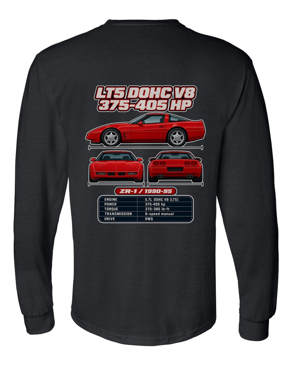 Chevrolet Corvette C4 Zr1 spec sheet black long sleeve back view with the design