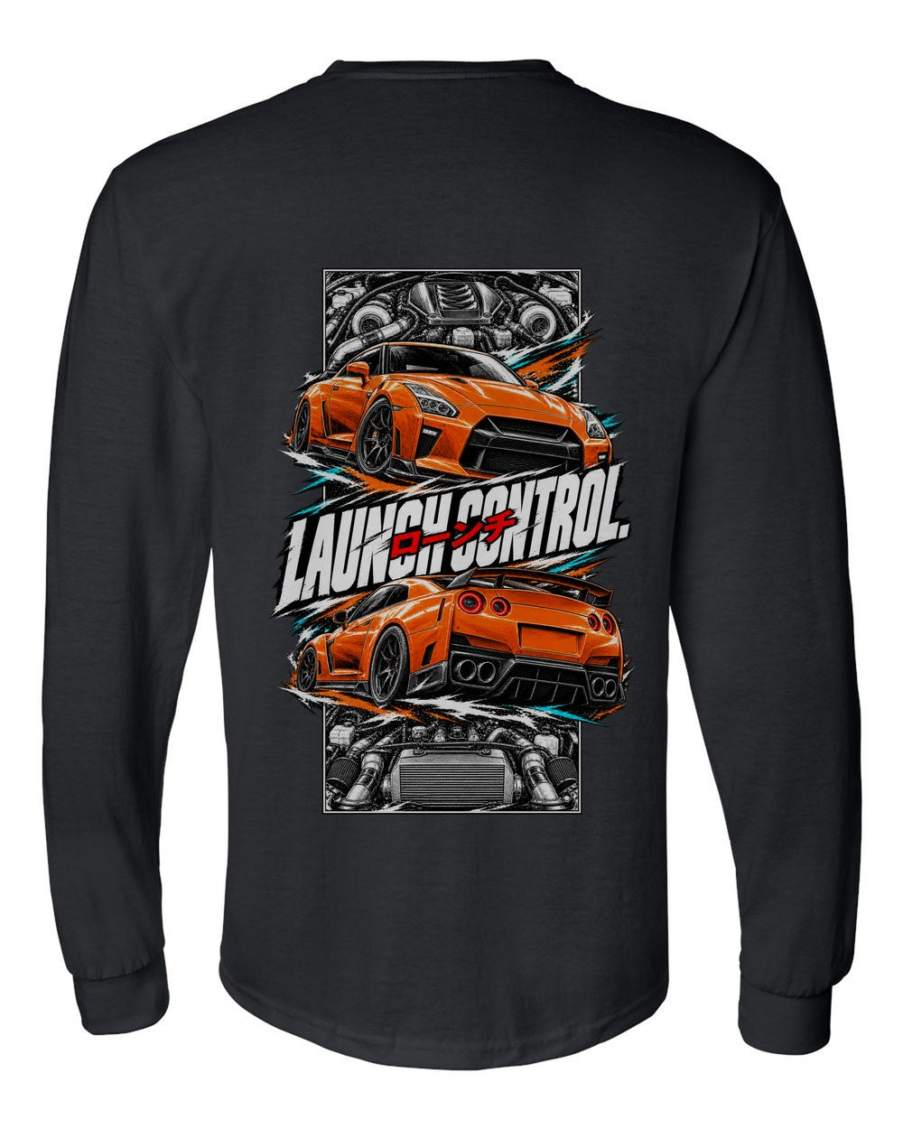 Nissan GT-R R35 torn poster black long sleeve back view with the design