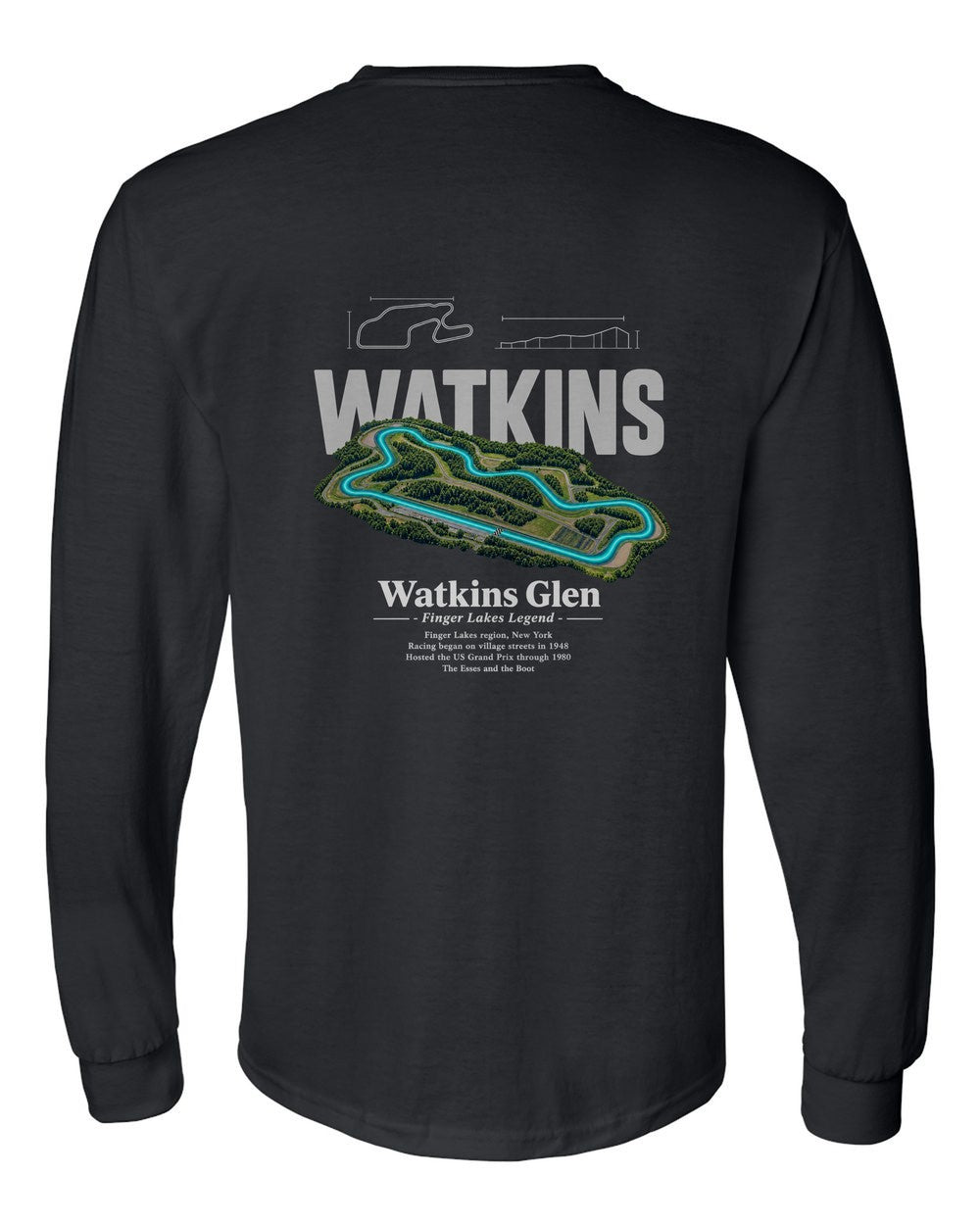 Watkins Glen black long sleeve back view with the design