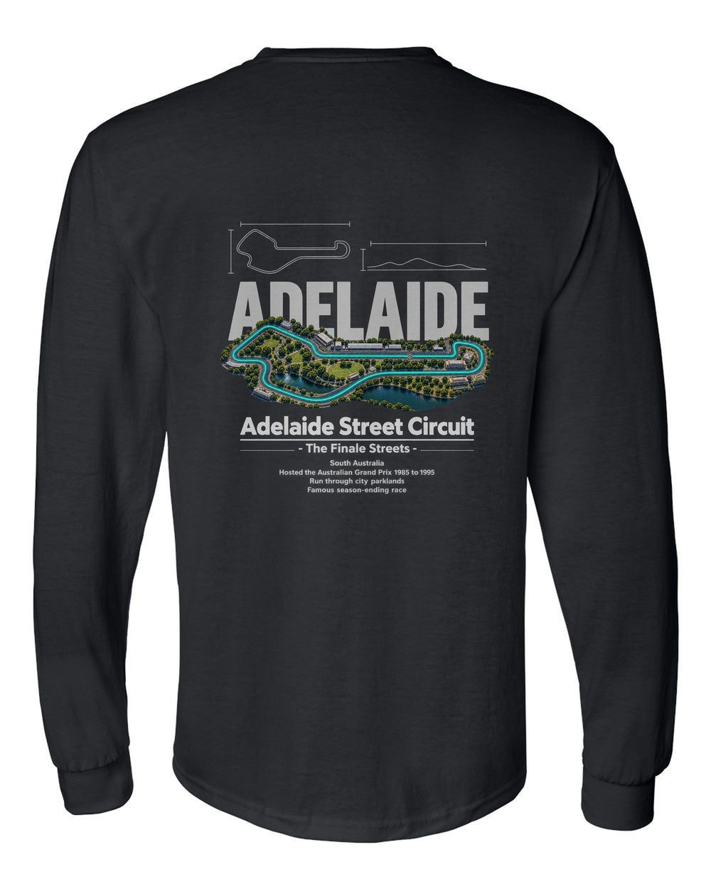 Adelaide Street Circuit black long sleeve back view with the design