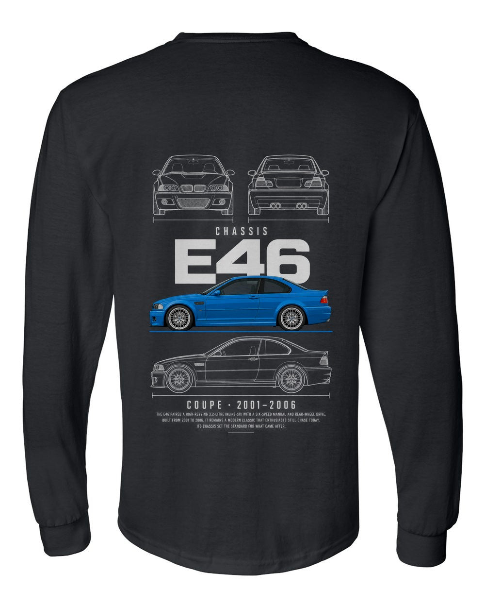 E46 full-back artwork black long sleeve back view with the design