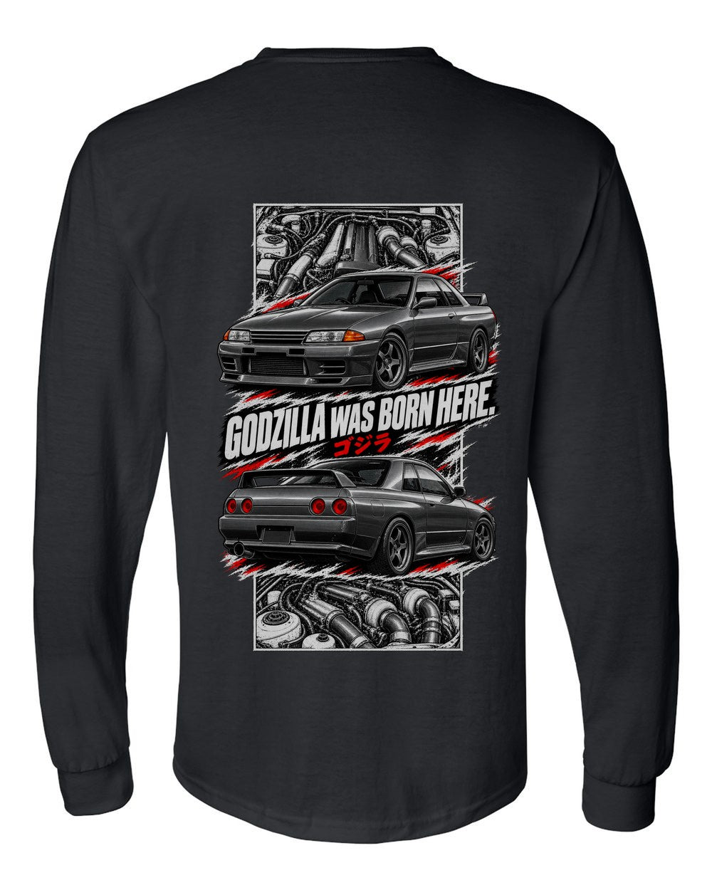 Nissan Skyline GT-R R32 torn poster black long sleeve back view with the design