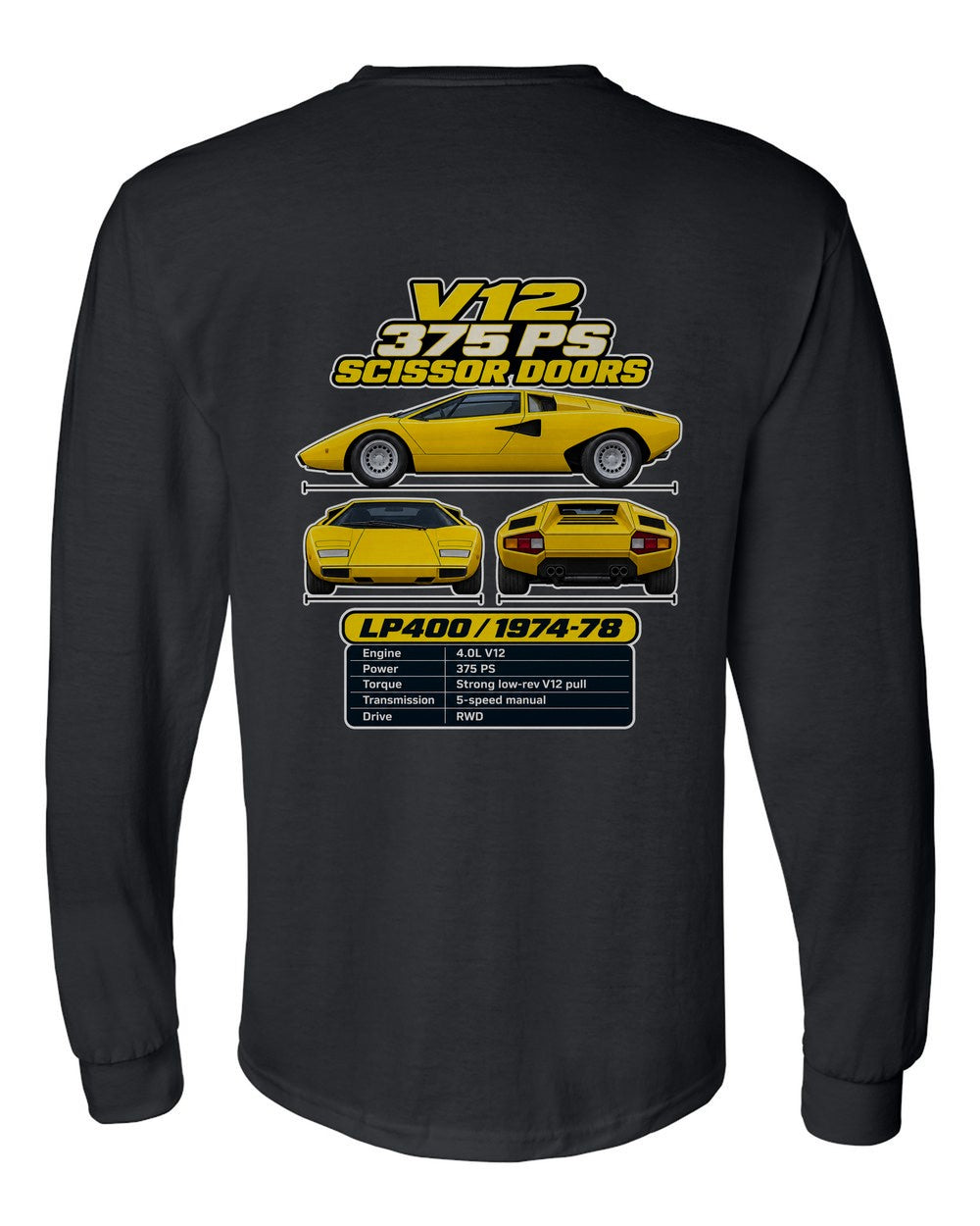 Lamborghini Countach Lp400 spec sheet black long sleeve back view with the design