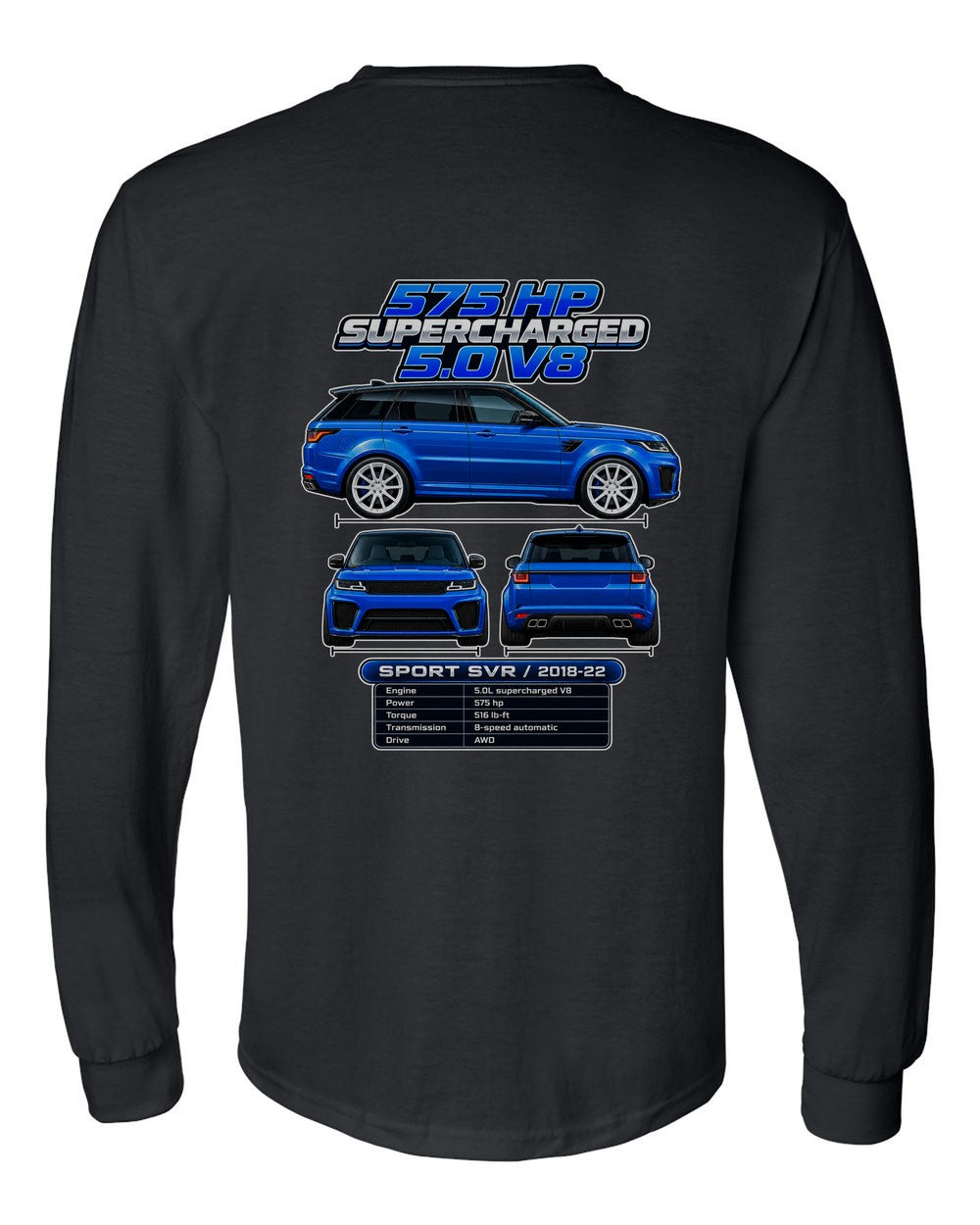 Range Rover Sport Svr spec sheet black long sleeve back view with the design