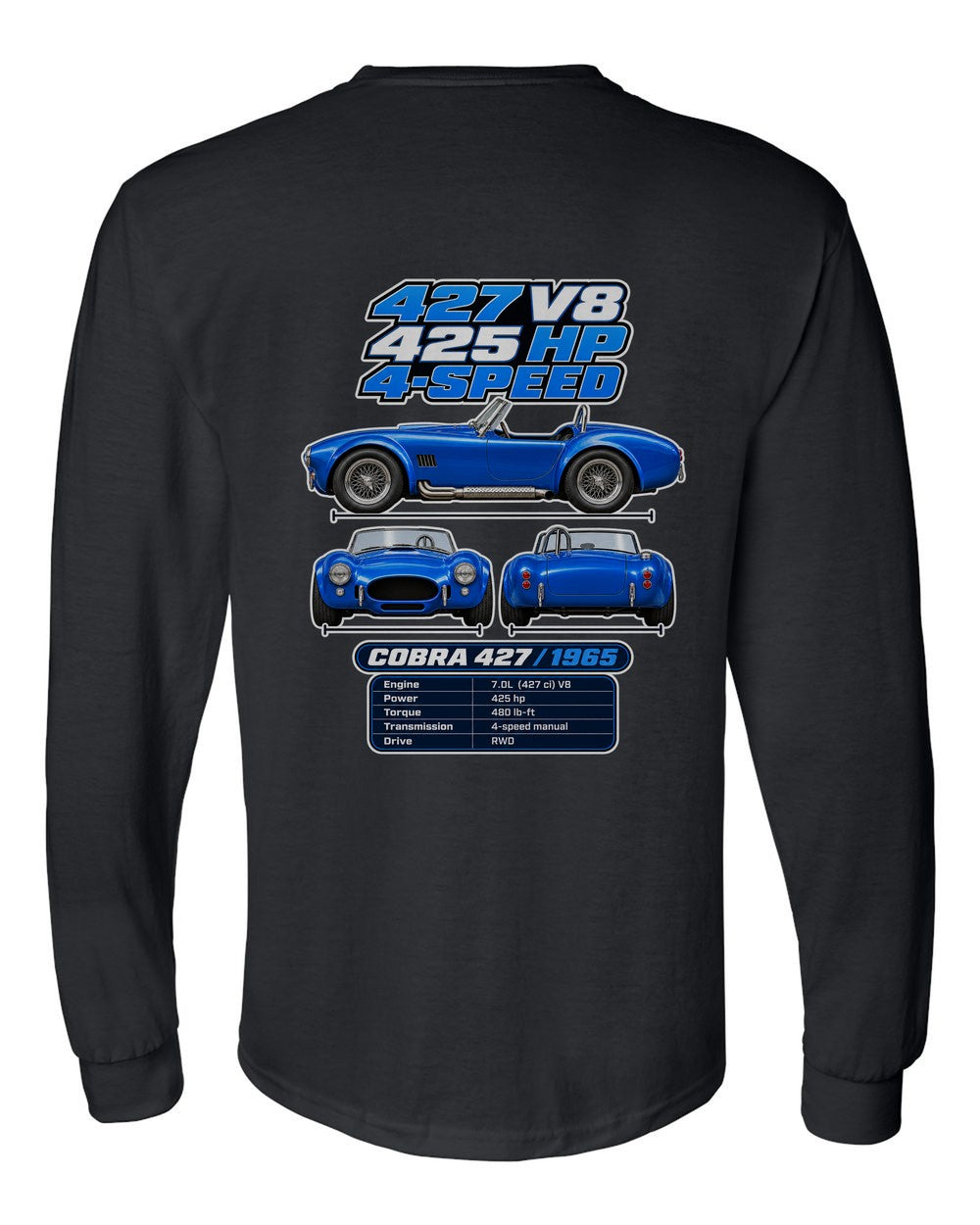 Shelby Cobra 427 spec sheet black long sleeve back view with the design