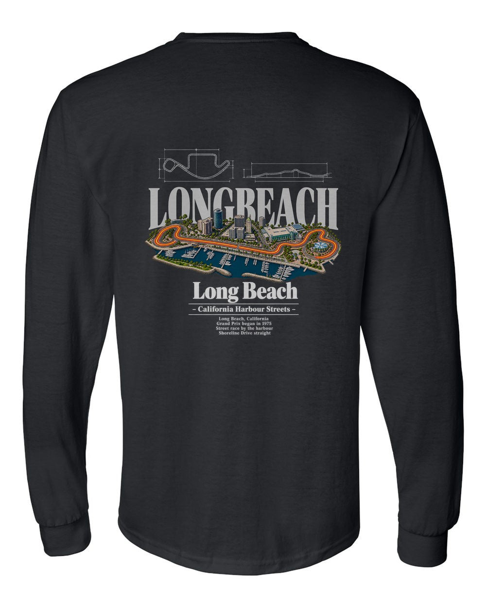 Long Beach black long sleeve back view with the design