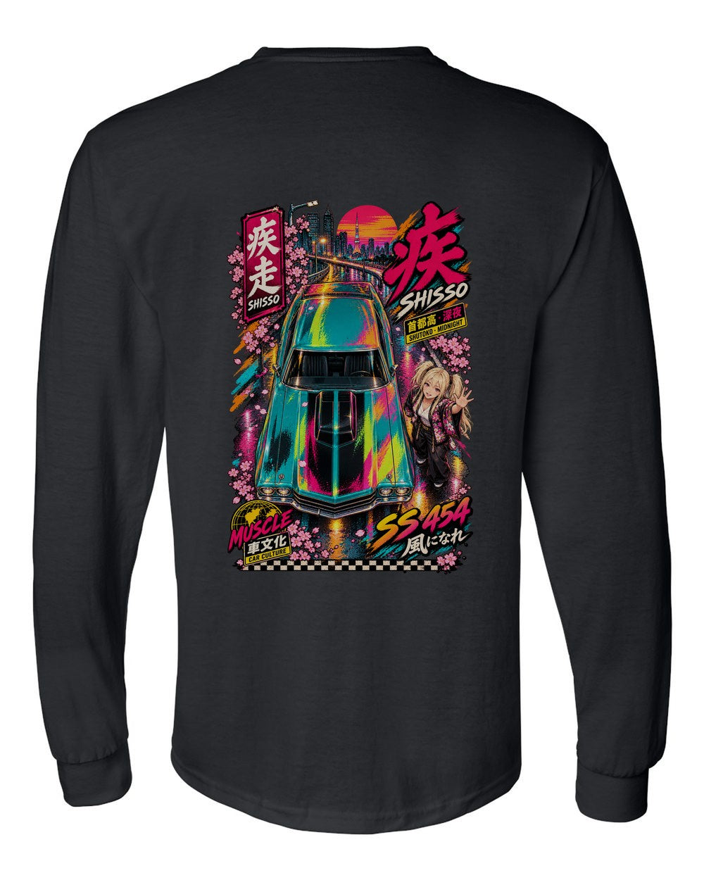 SHISSO SS 454 full-back artwork black long sleeve back view with the design