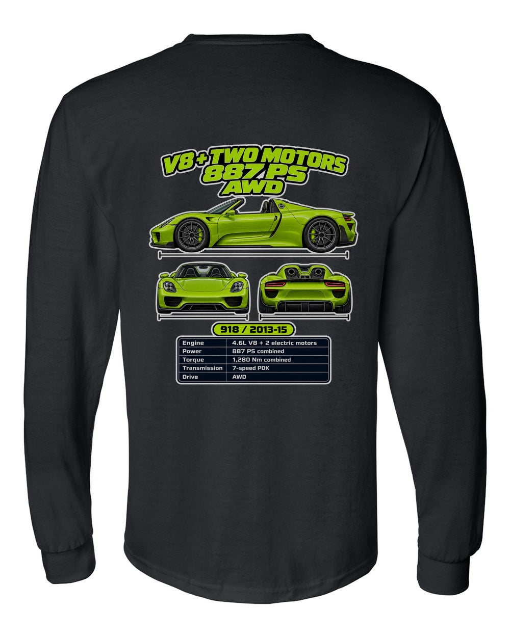 Porsche 918 Spyder spec sheet black long sleeve back view with the design