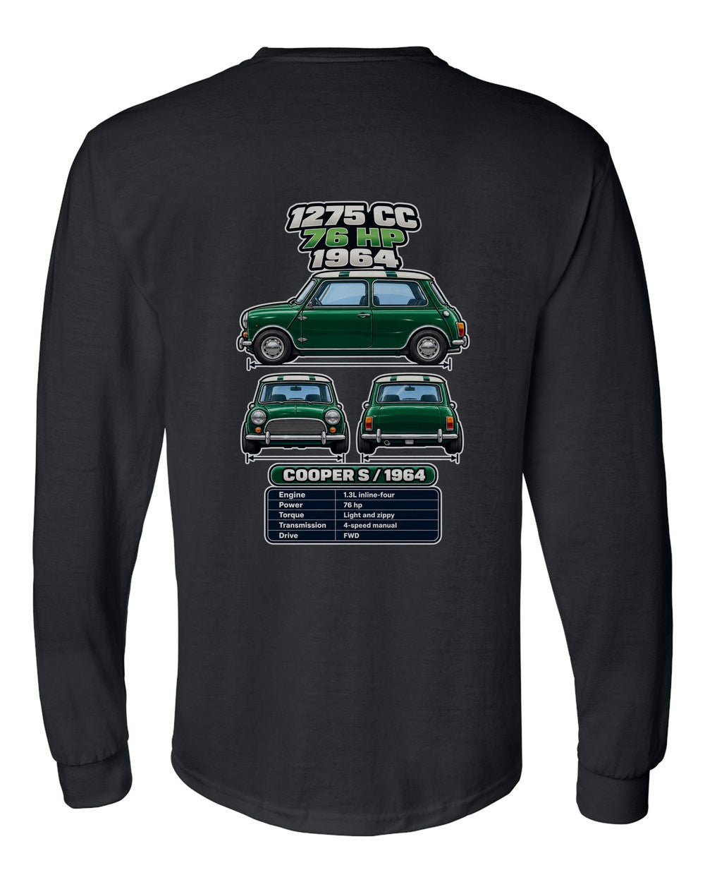 Classic Mini Cooper S spec sheet black long sleeve back view with the design