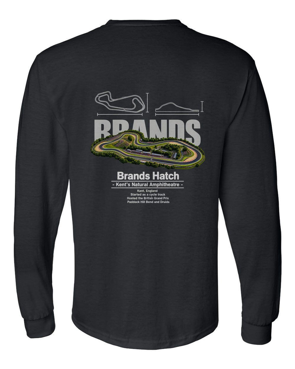 Brands Hatch black long sleeve back view with the design