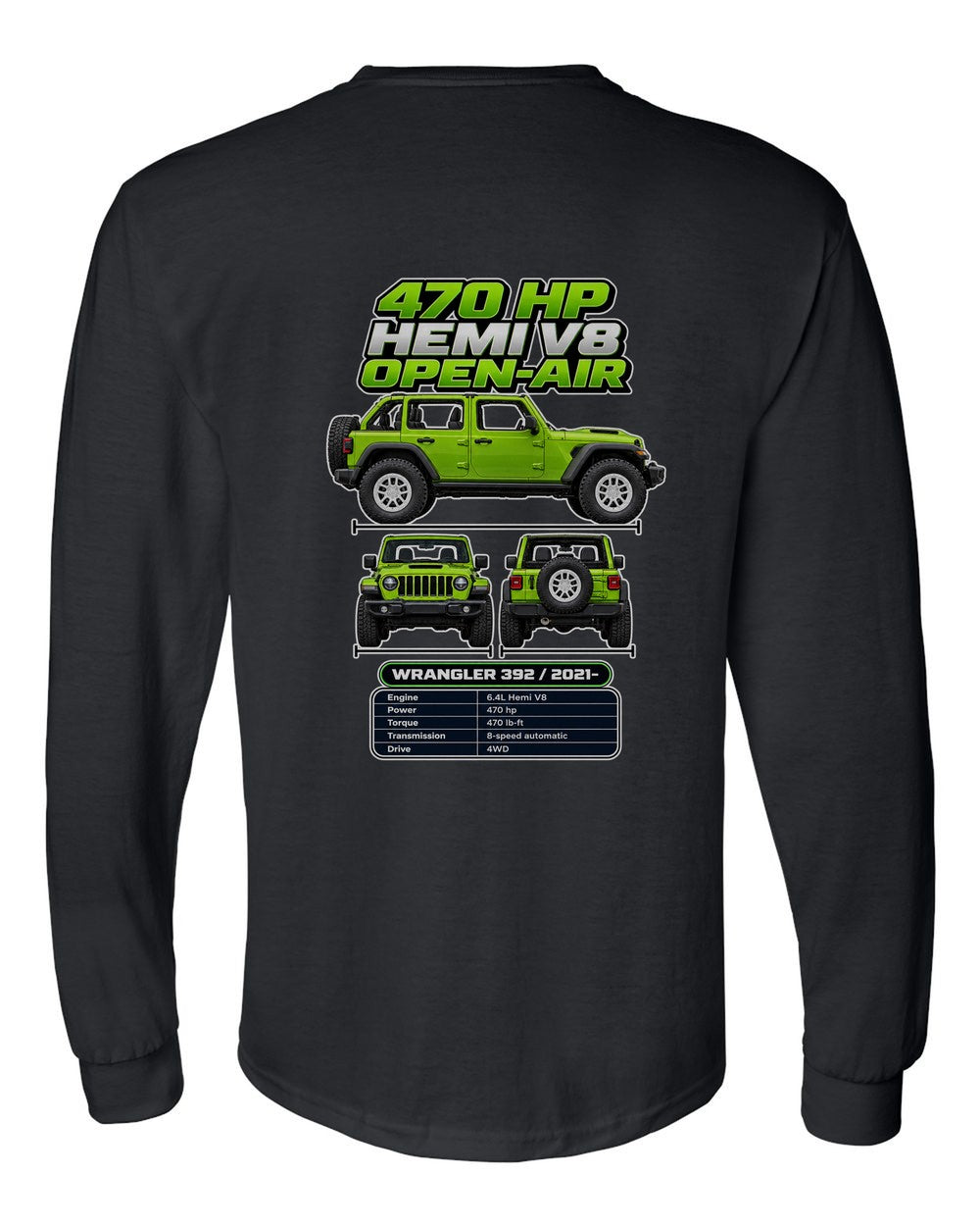 Jeep Wrangler 392 spec sheet black long sleeve back view with the design