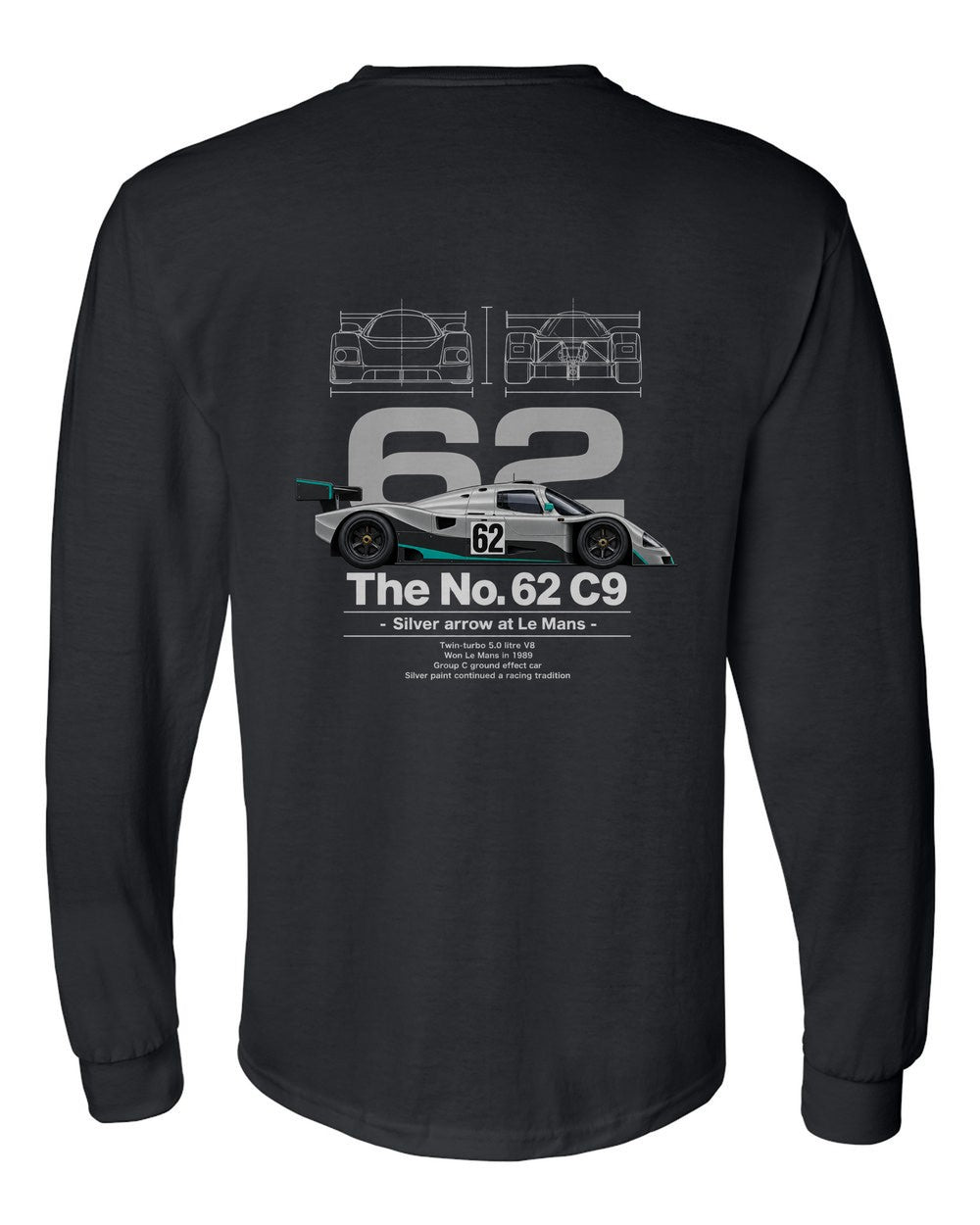 No. 63 C9 black long sleeve back view with the design