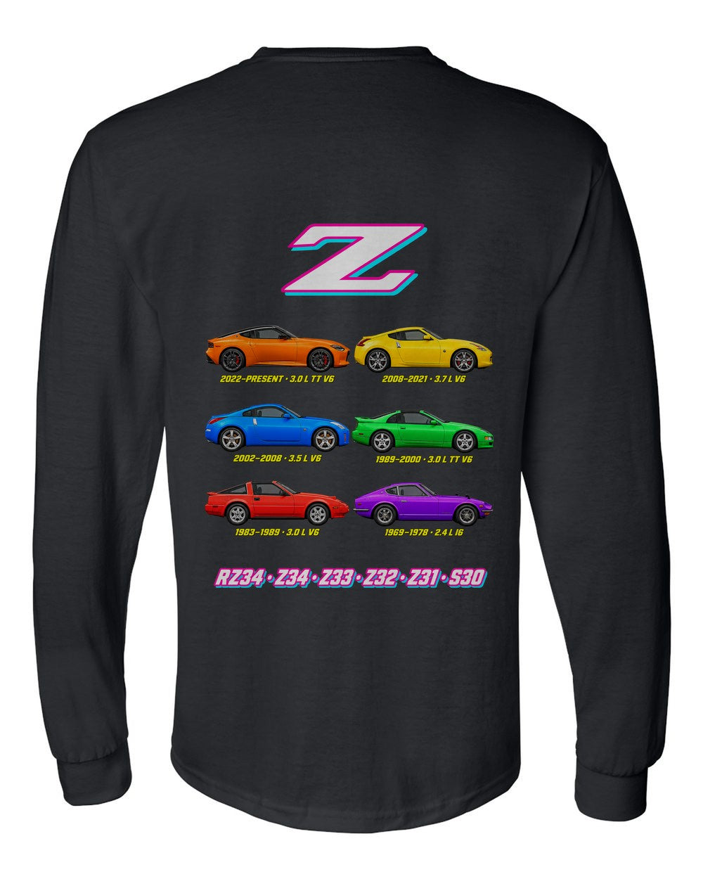 Nissan Z evolution poster black long sleeve back view with the design