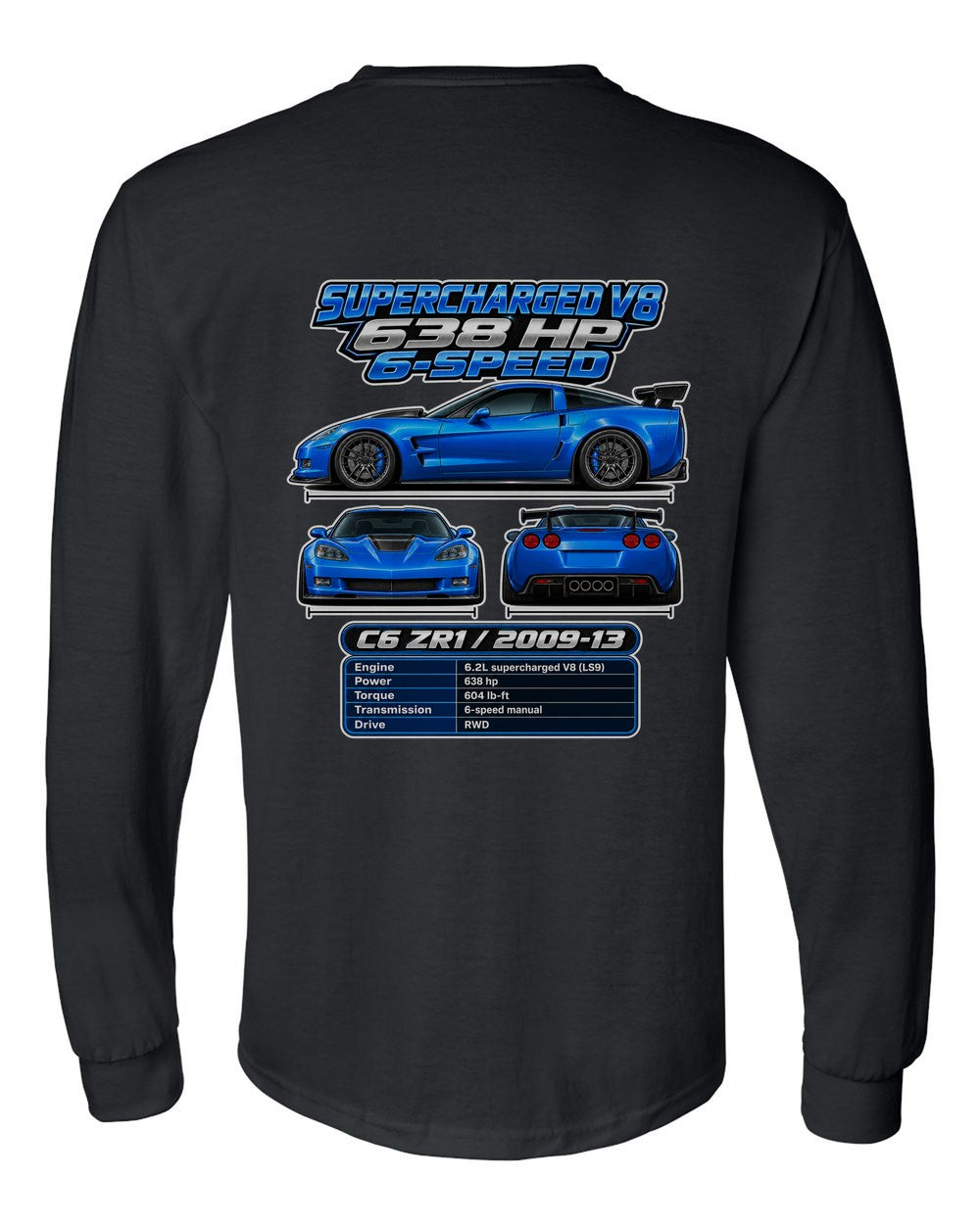 Chevrolet Corvette C6 Zr1 spec sheet black long sleeve back view with the design