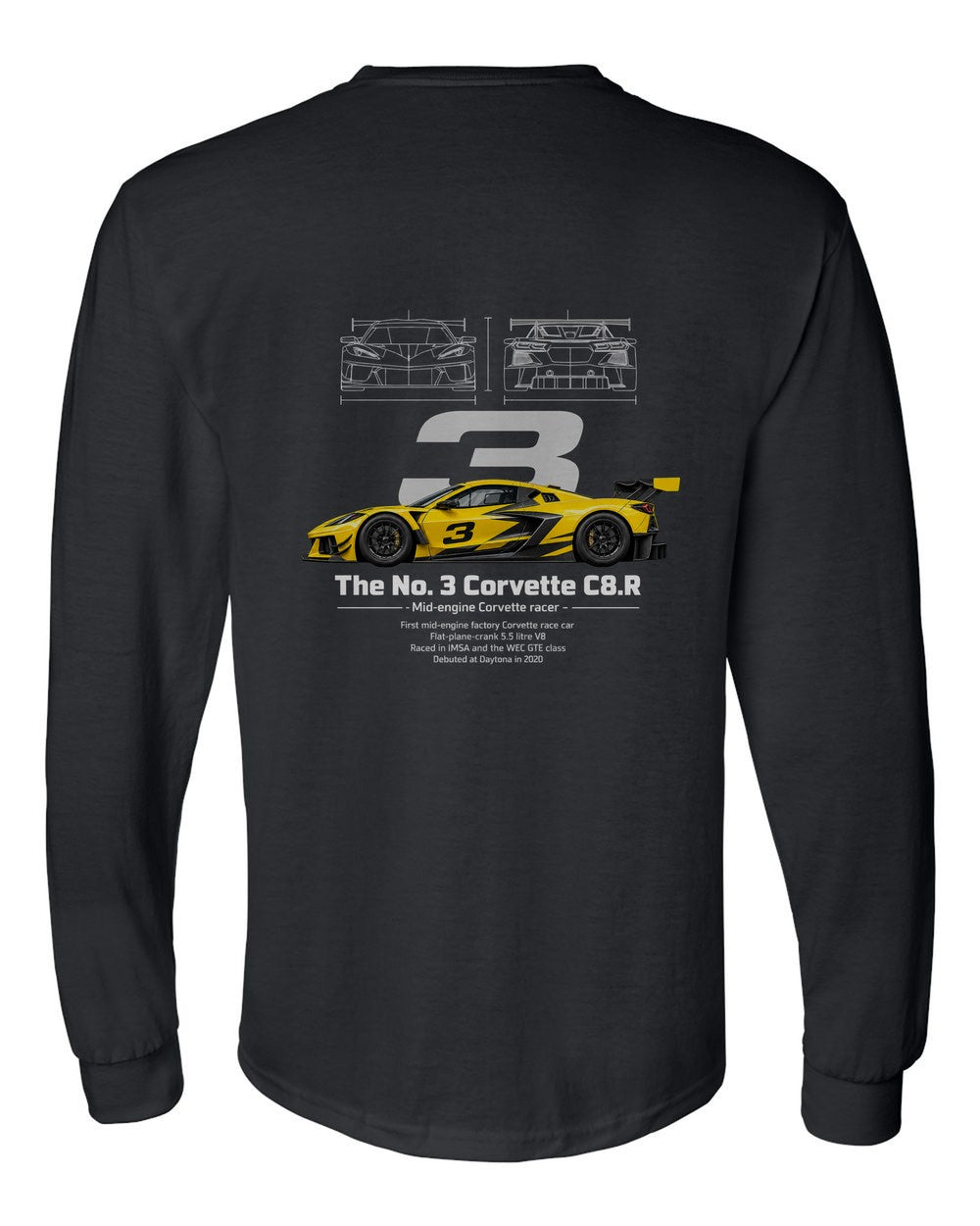 No. 3 Corvette C8.R black long sleeve back view with the design