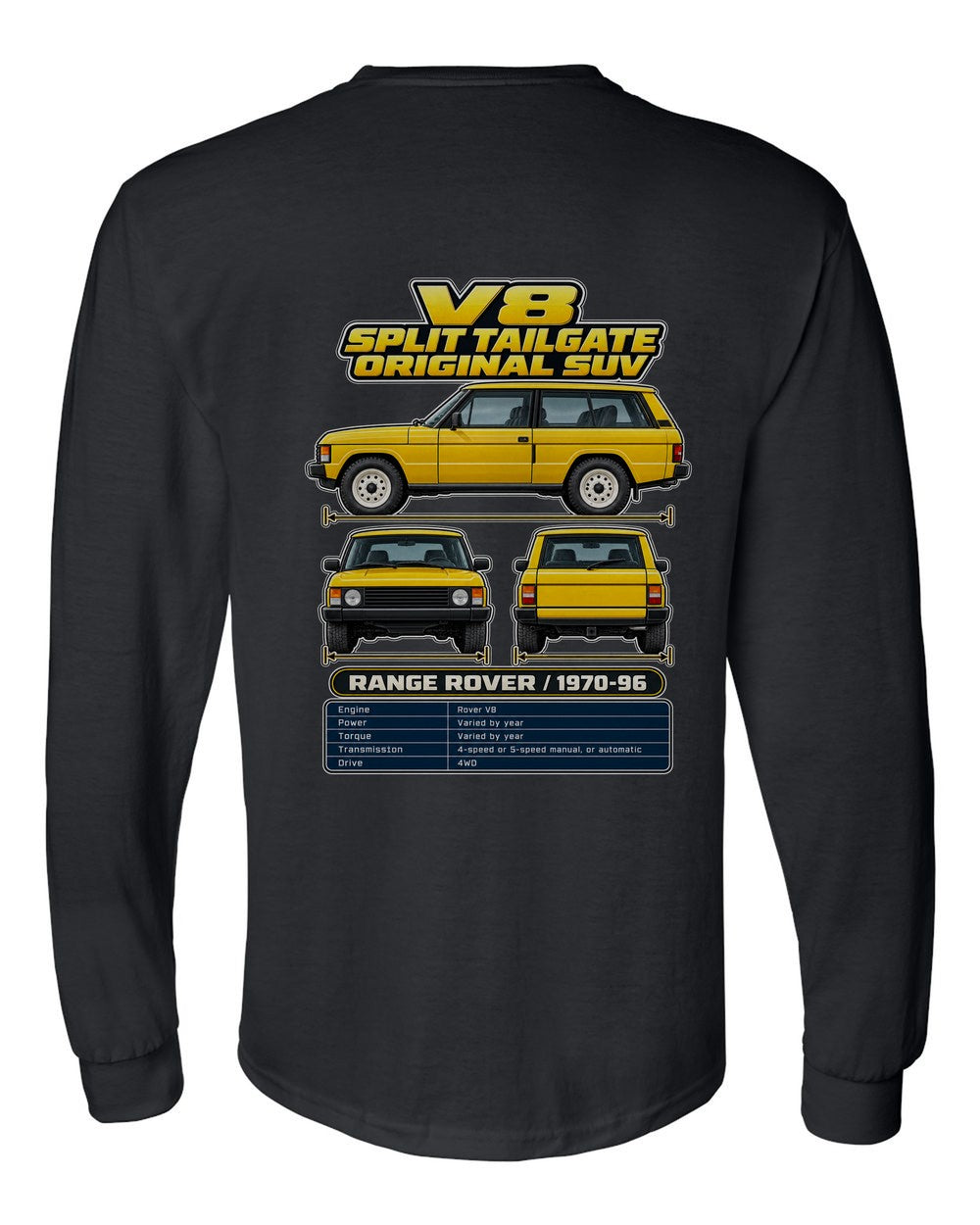 Range Rover Classic spec sheet black long sleeve back view with the design