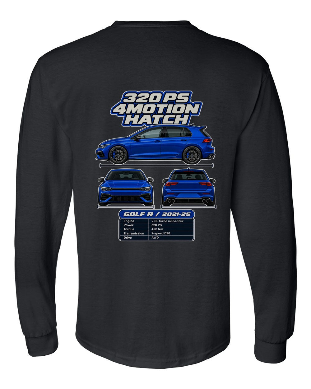 Volkswagen Golf R Mk8 spec sheet black long sleeve back view with the design