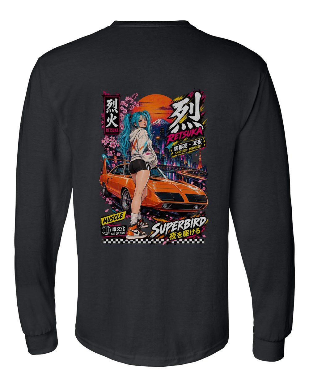 RETSUKA SUPERBIRD full-back artwork black long sleeve back view with the design