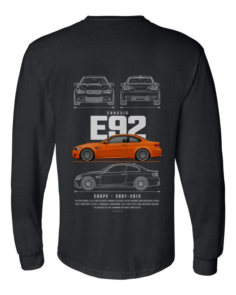 E92 full-back artwork black long sleeve back view with the design