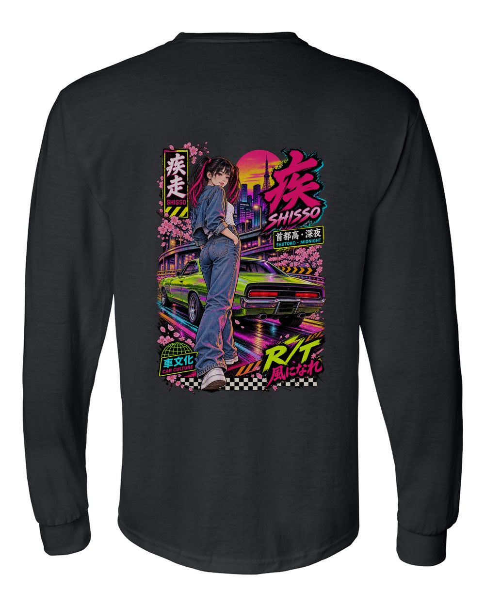 SHISSO R/T full-back artwork black long sleeve back view with the design