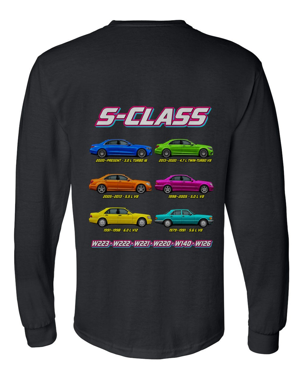 Mercedes S evolution poster black long sleeve back view with the design