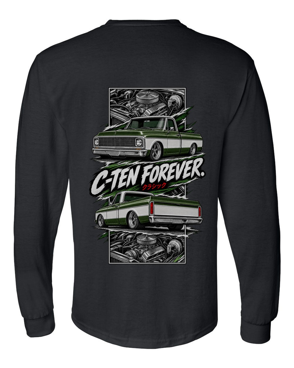 Chevy C10 1972 torn poster black long sleeve back view with the design
