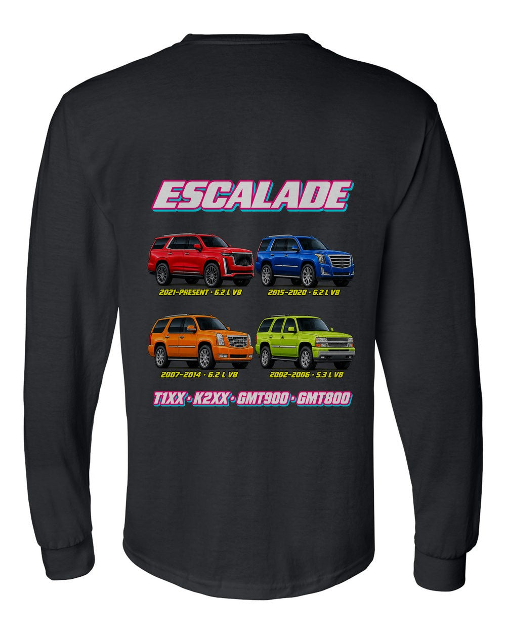 Cadillac Escalade evolution poster black long sleeve back view with the design